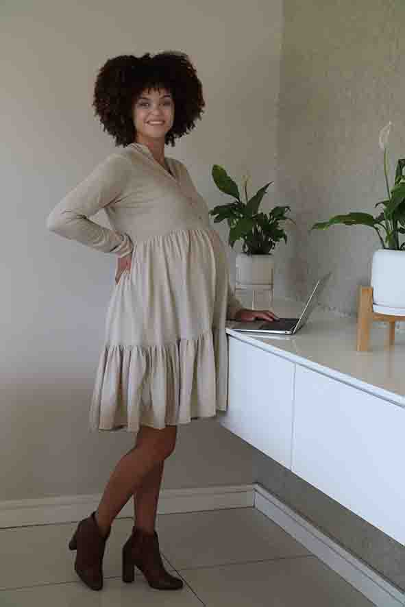 Hannah Grace Maternity Long Sleeve Beige Tiered Dress